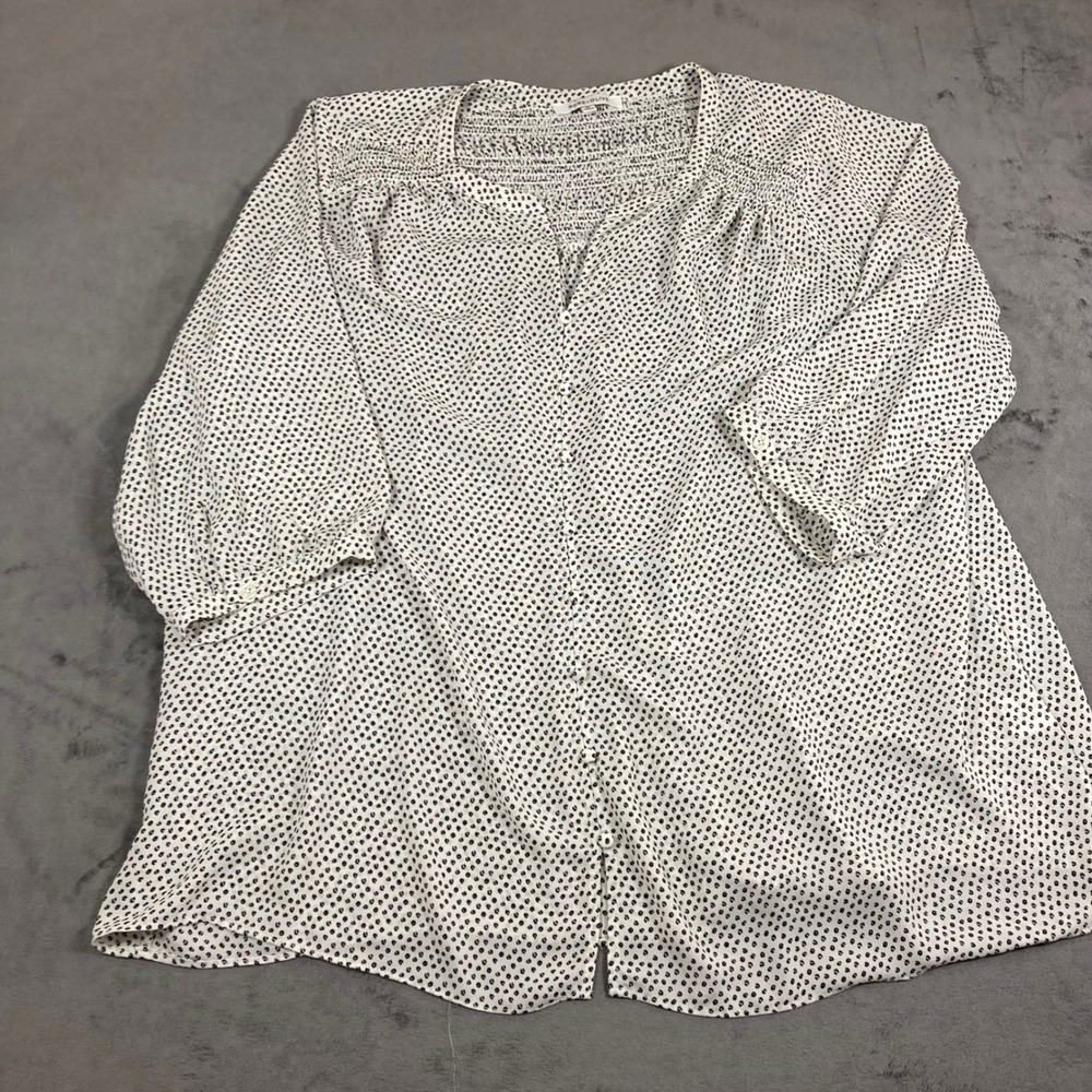Rose + Olive Womens 2X Black White Polka Dot Smocked 3/4 Sleeve Button Up Blouse